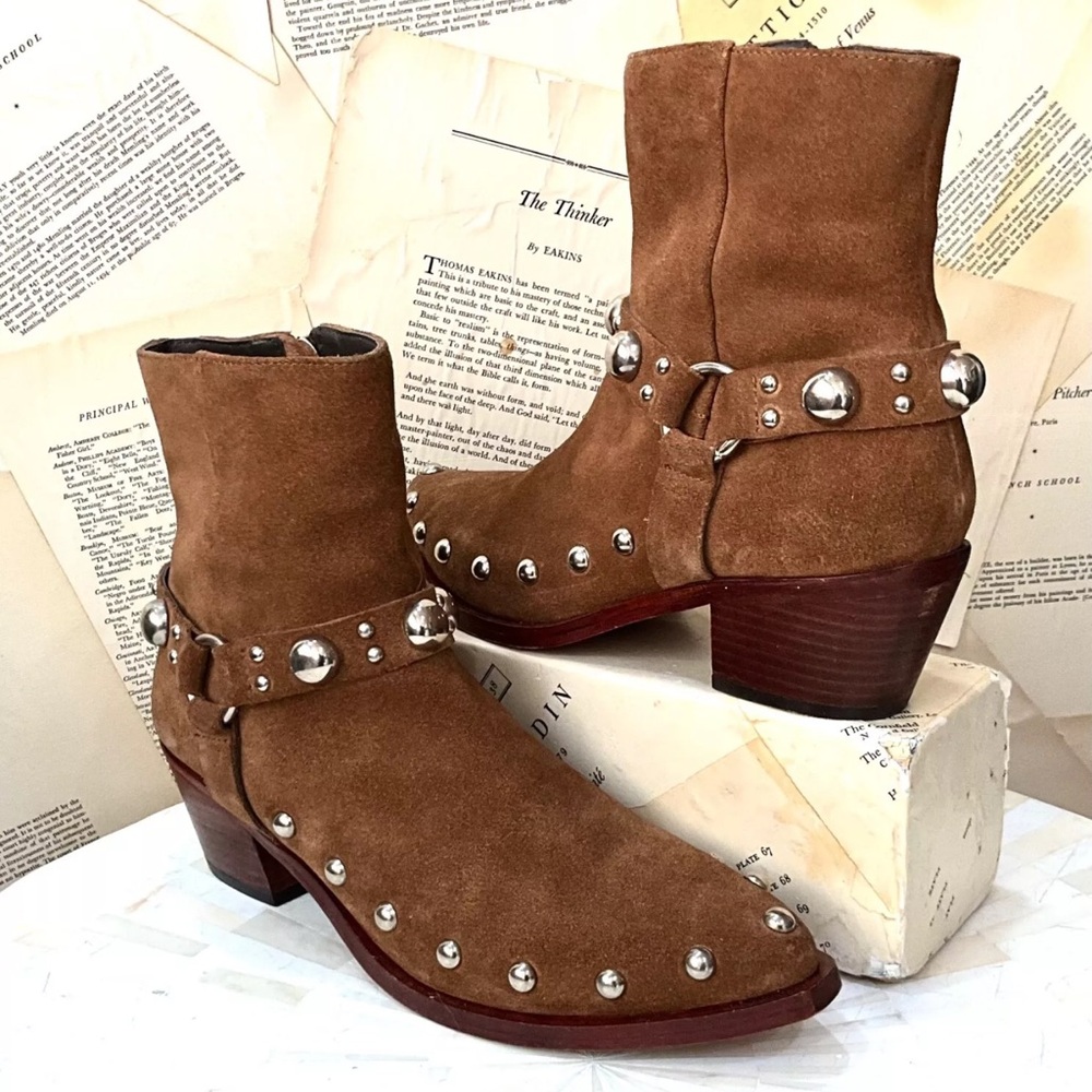 Free People Amelia Studded Ankle Boot Harness Western Tan Brown Suede - Picture 3 of 6